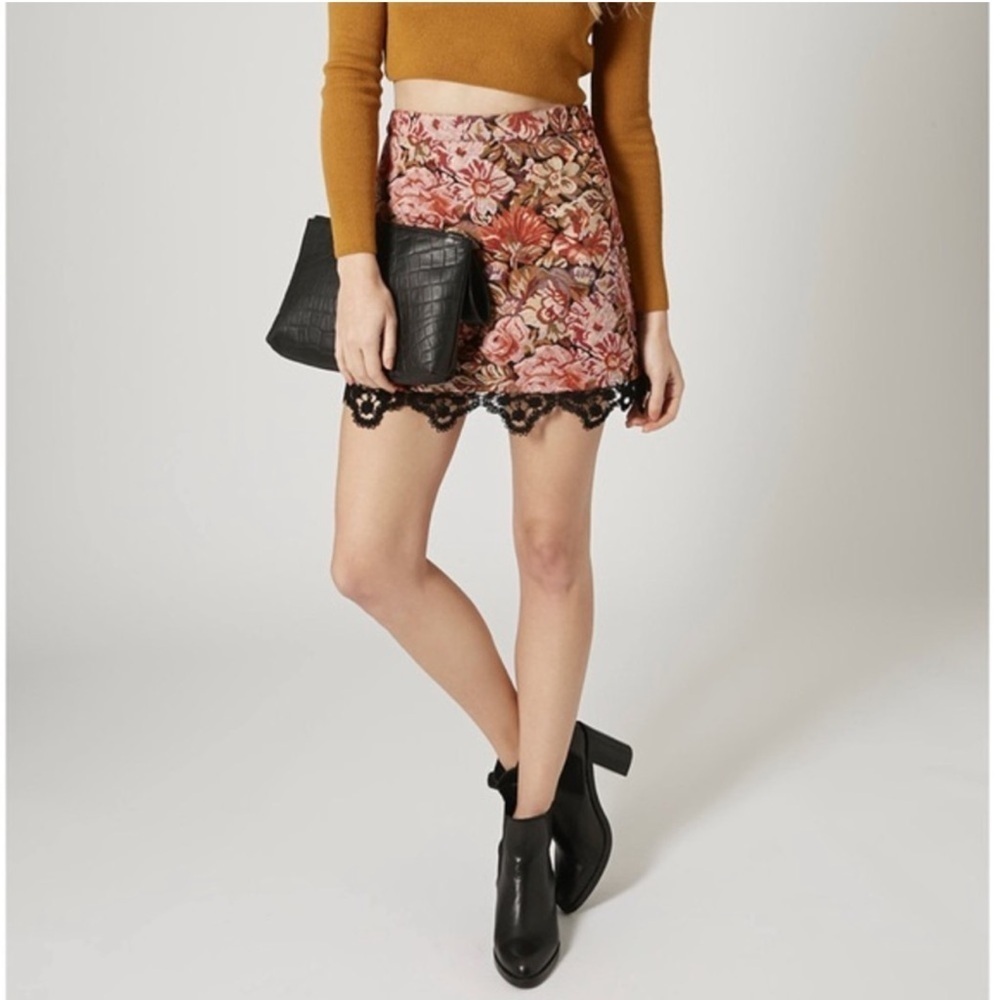 Topshop Tapestry Floral Rose Jacquard Crochet Mini Skirt Carpet Lace Pink 6 - Picture 3 of 7